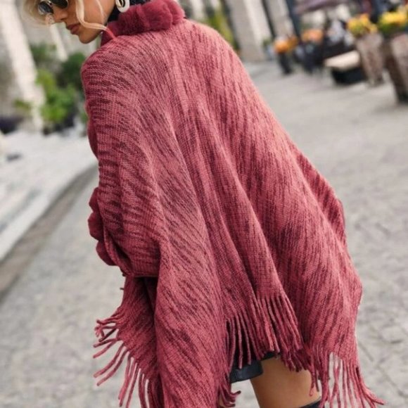 Faux Fur & Tassel Detailed Open Front Shawl Knit Sweater Cardigan Burgundy - Picture 4 of 7